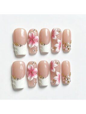 Nude White French Tip Long Square Press-On Nails | Handmade Nail Art Design